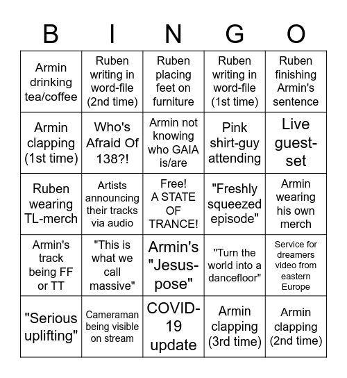 A STATE OF TRANCE Bingo Card