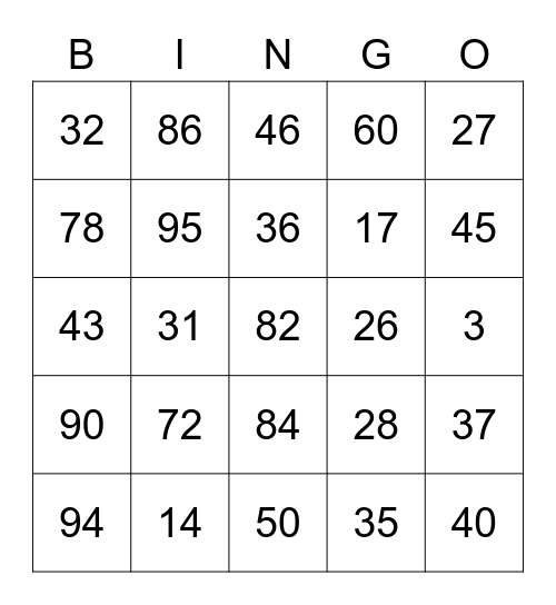 numbers 1-100 Bingo Card