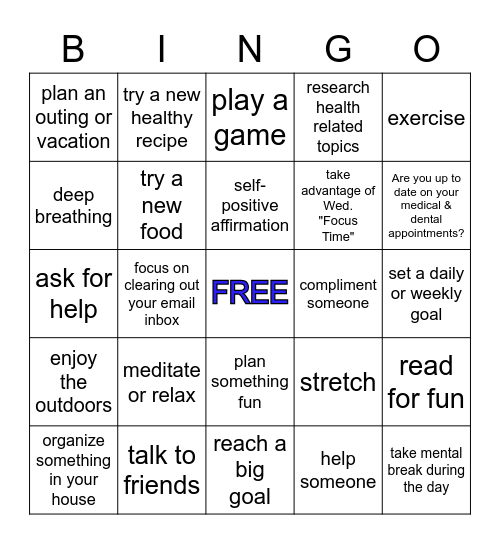 Wellness Challenge Bingo Olympics Bingo Card