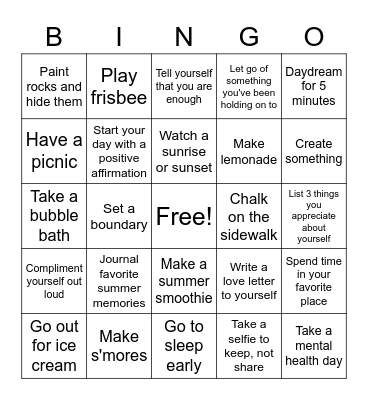 August UNTHSC Summer Fun and Wellness Bingo Card