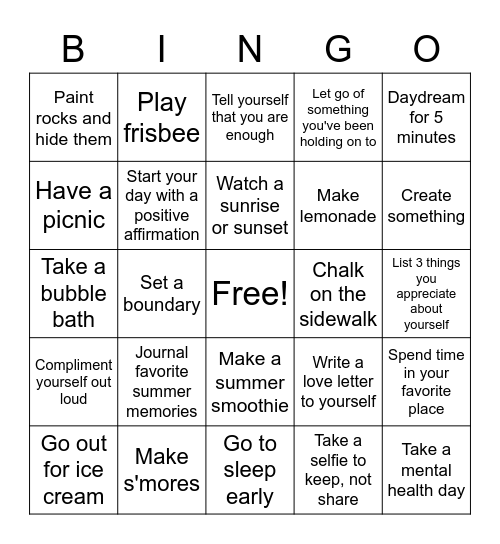 August UNTHSC Summer Fun and Wellness Bingo Card