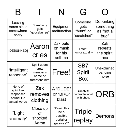 Ghost Adventures Bingo Card