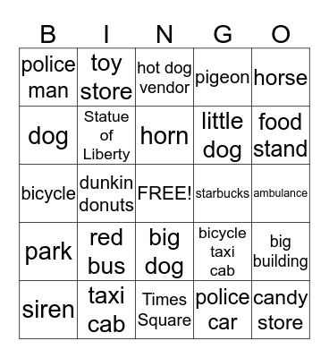 New York Adventure Bingo Card