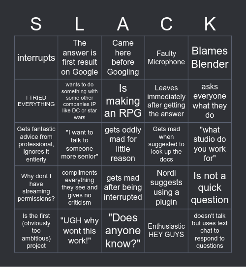 QUICK QUESTION BINGO Card