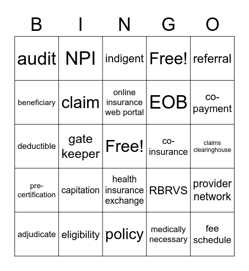 Insurance Billing Terminology Bingo Card