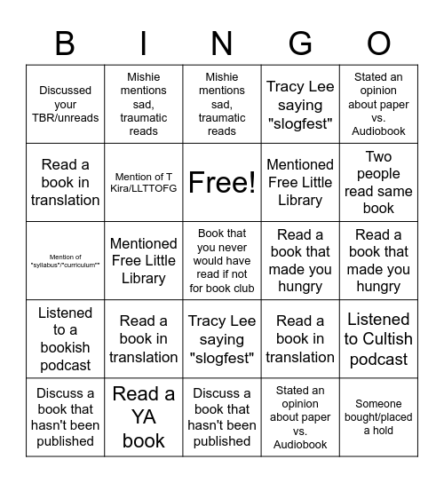 Extra Credit Book Club Bingo Card