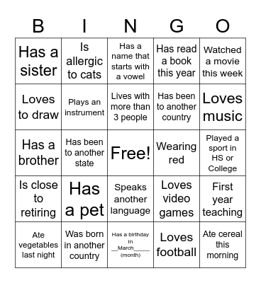 Getting to Know You Bingo Card