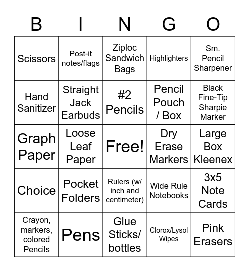 School Supply Bingo Card