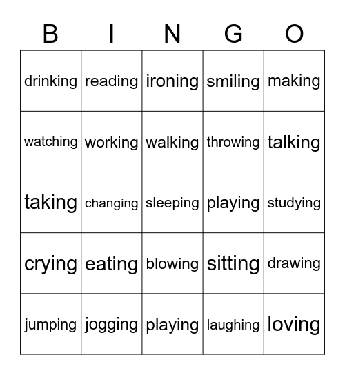 Present Continuous Tense Bingo Card