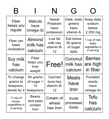 UAII Nutrition Bingo Card