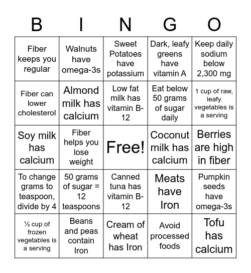 UAII Nutrition Bingo Card