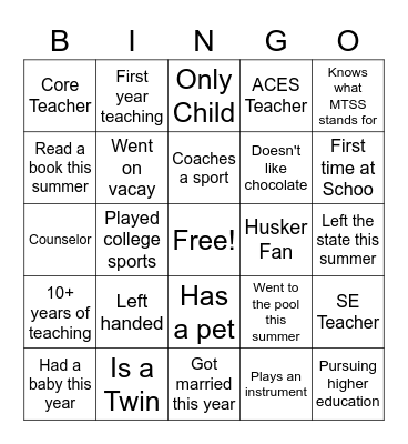 Schoo Staff BINGO Card