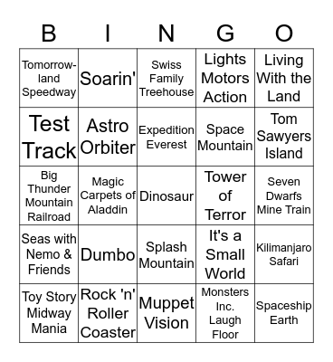 Disney Attraction Bingo Card
