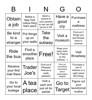Ryann's in New York!!! Bingo Card