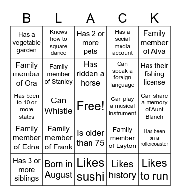 100th Black Family Reunion Bingo Card