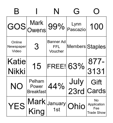 Greater Greer Chamber Bingo Card