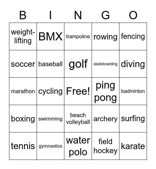 OLYMPICS BINGO Card