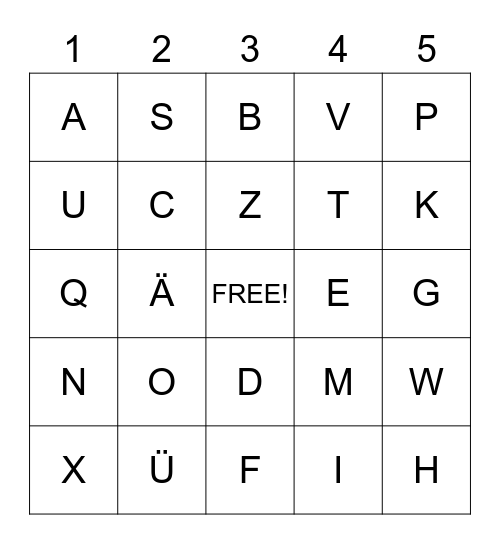 German Alphabet Bingo! Bingo Card