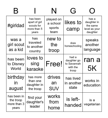 Girl Scout Parent Bingo Card