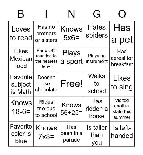 Getting to Know My Classmates!! Bingo Card