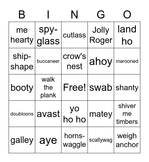 Pirate Word List 1 & 2 Bingo Card