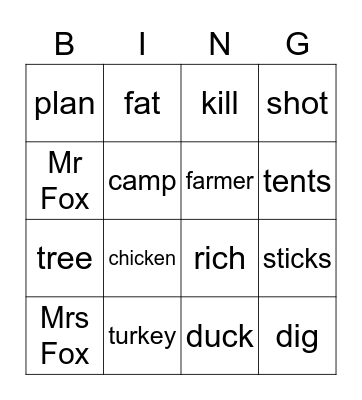 Fantastic Mr Fox Bingo Card