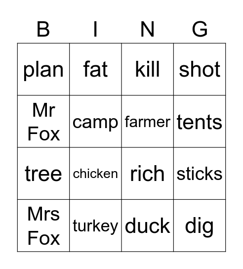 Fantastic Mr Fox Bingo Card