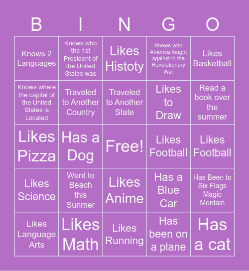 Getting to Know One Another Bingo Card