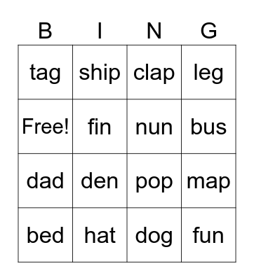 short vowels Bingo Card