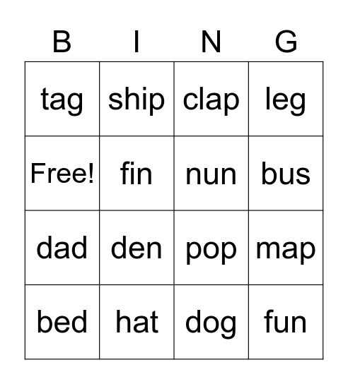 short vowels Bingo Card