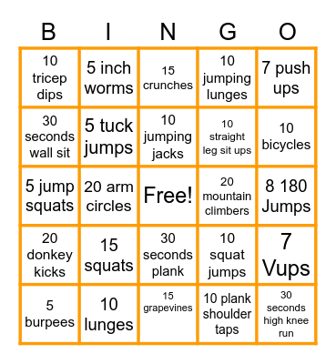Zoom Fitness Bingo Card