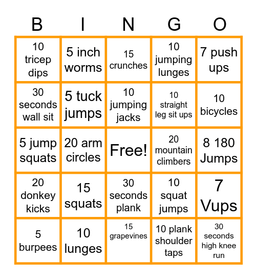 Zoom Fitness Bingo Card