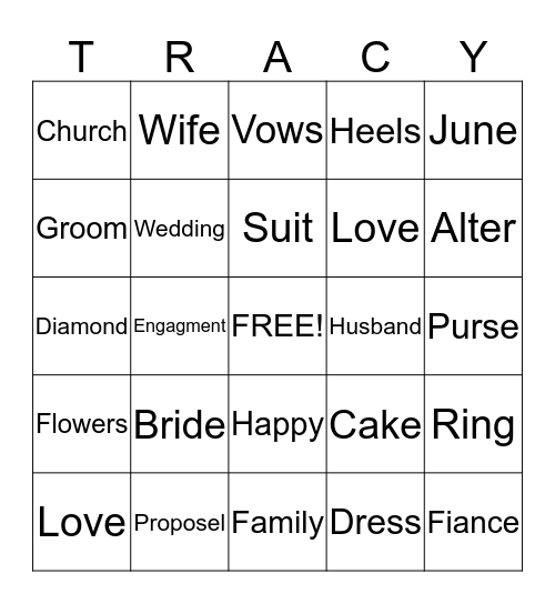Tracy's Wedding Shower Bingo Card