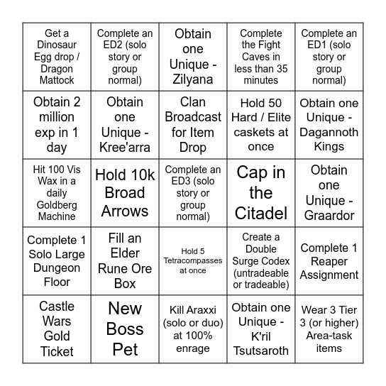 Runescape Bingo Card