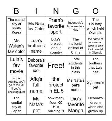 your classmates Bingo Card