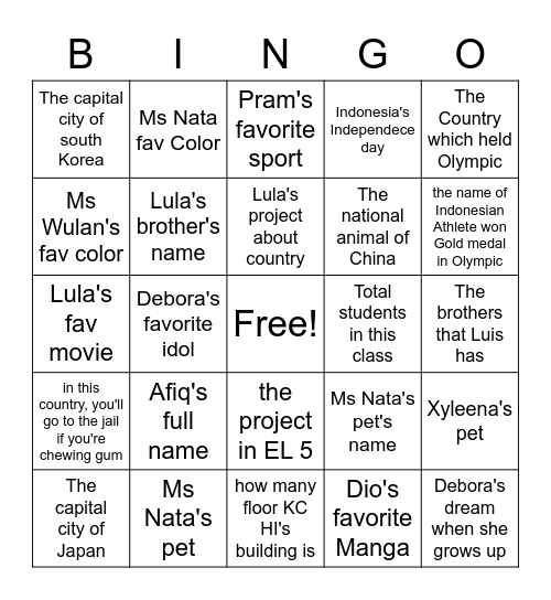 your classmates Bingo Card