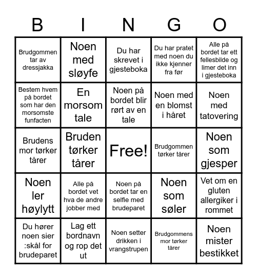 Bryllupsbingo Card