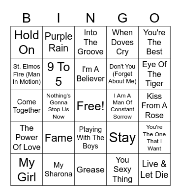 Hits From The Movies Bingo Card
