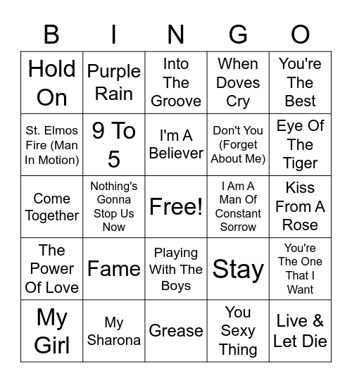 Hits From The Movies Bingo Card