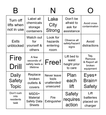 Safety Bingo Card