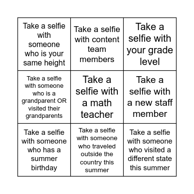 Selfie Bingo Card