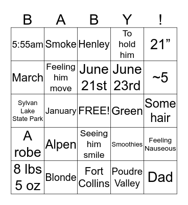 Twila's Baby Shower Game Bingo Card