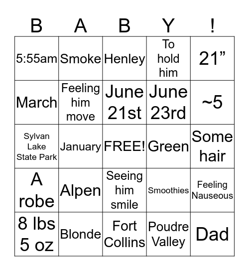 Twila's Baby Shower Game Bingo Card
