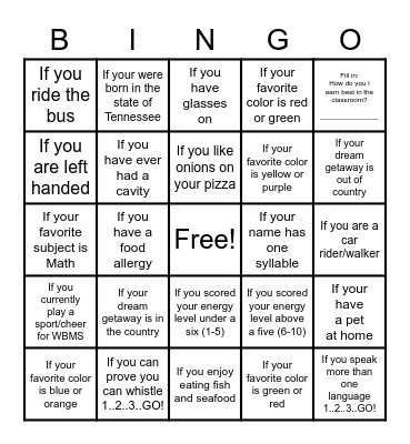 1st Day of School Bingo- Goes w/ 1st Day Survey Bingo Card