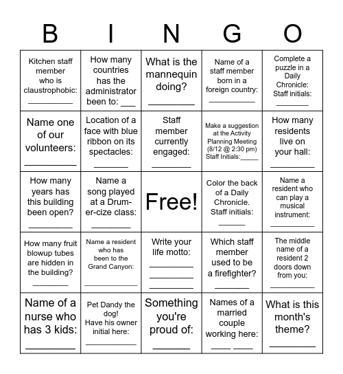 August Challenge Bingo Card