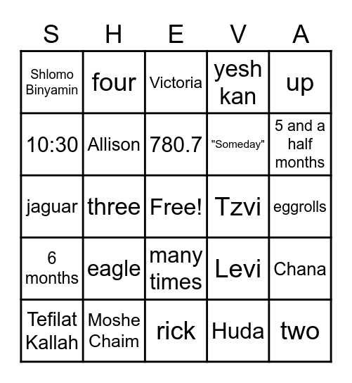 Sheva Brachos Bingo August 2021 Bingo Card