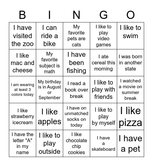 Getting to Know Your Classmates Bingo Card