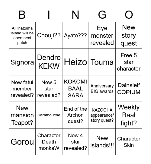 Genshin 2.0 Bingo Card