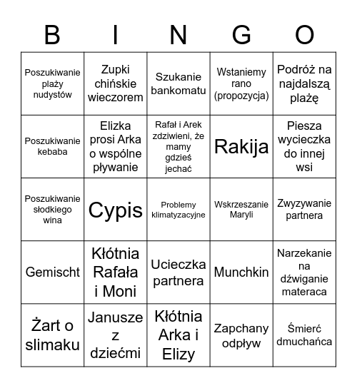 Wakacje Bingo Card