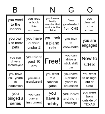 WELCOME BACK Bingo Card
